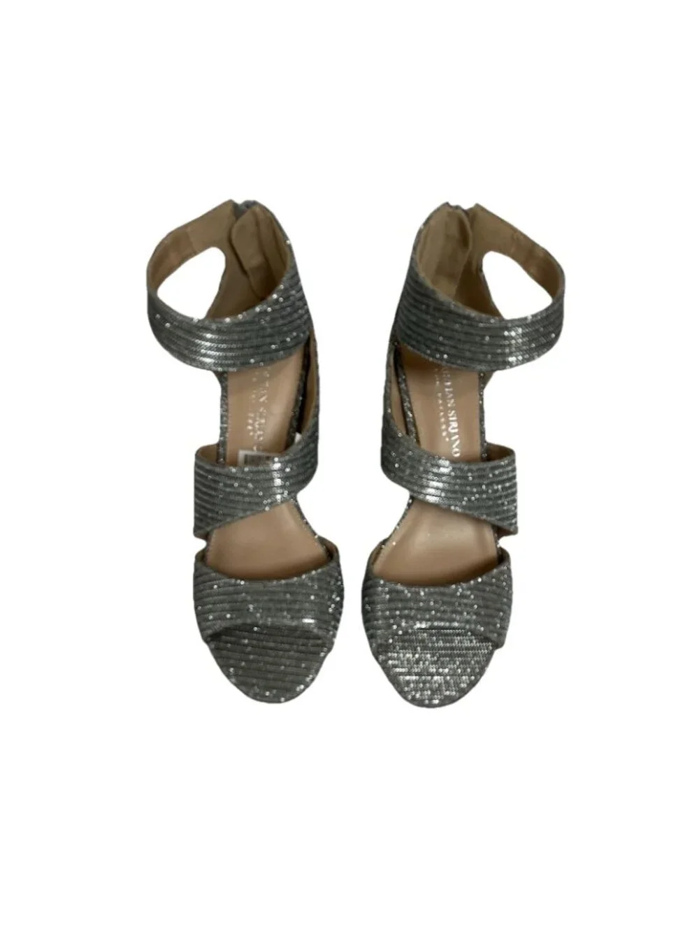 Christian Siriano Heels Silver Sparkle Wrap Ankle Open Toe Shoes